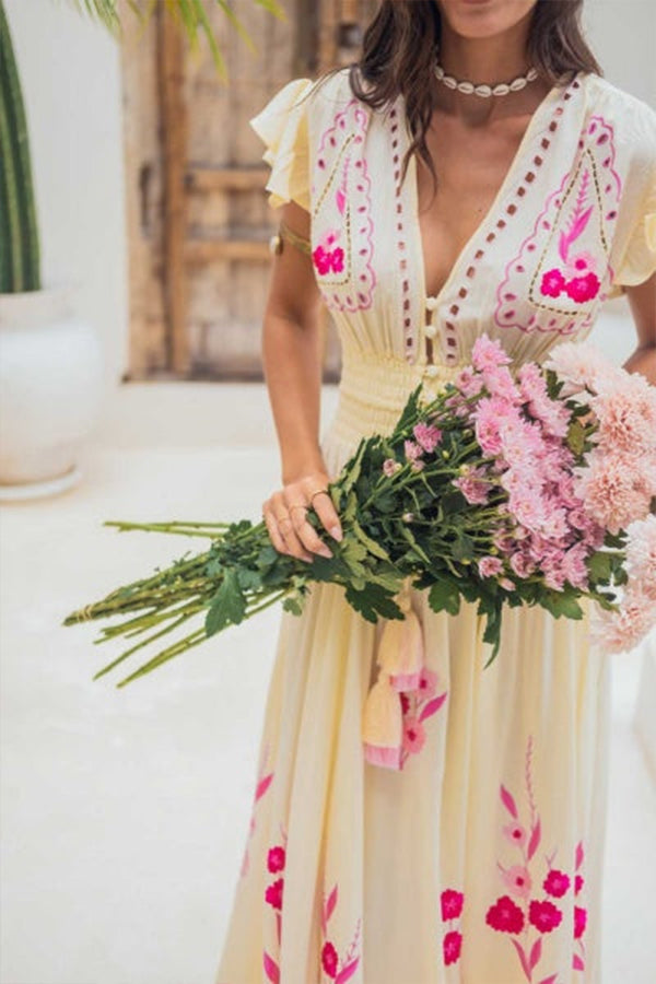 MAGNOLIA sleeveless v-neck embroidered maxi dress