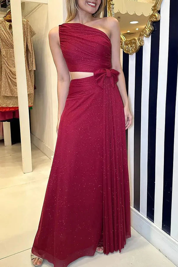 Forever Stunning Glitter Fabric Cutout Bow Waist Ruched Evening Maxi Dress