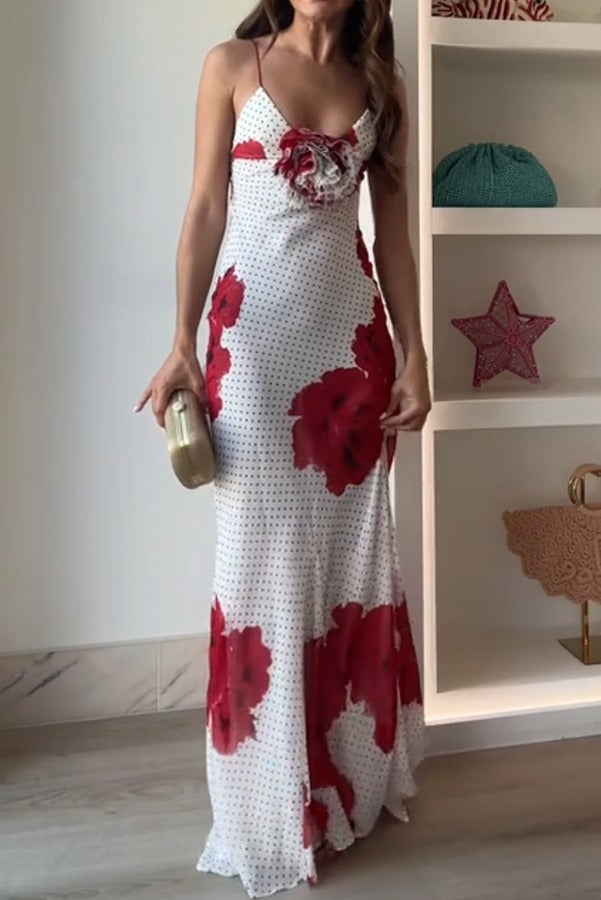 Robe longue Vanna à imprimé floral 3D et pois