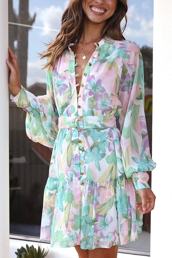 Forgotten Paradise Floral Button Up Adjustable Belt Mini Dress