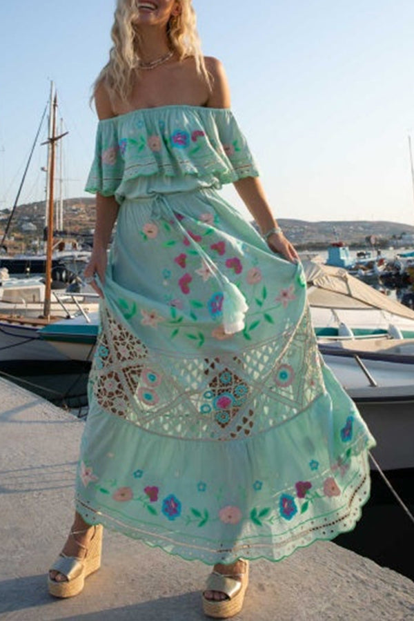 GODLIKE one-shoulder floral embroidered drawstring fringed belted maxi dress