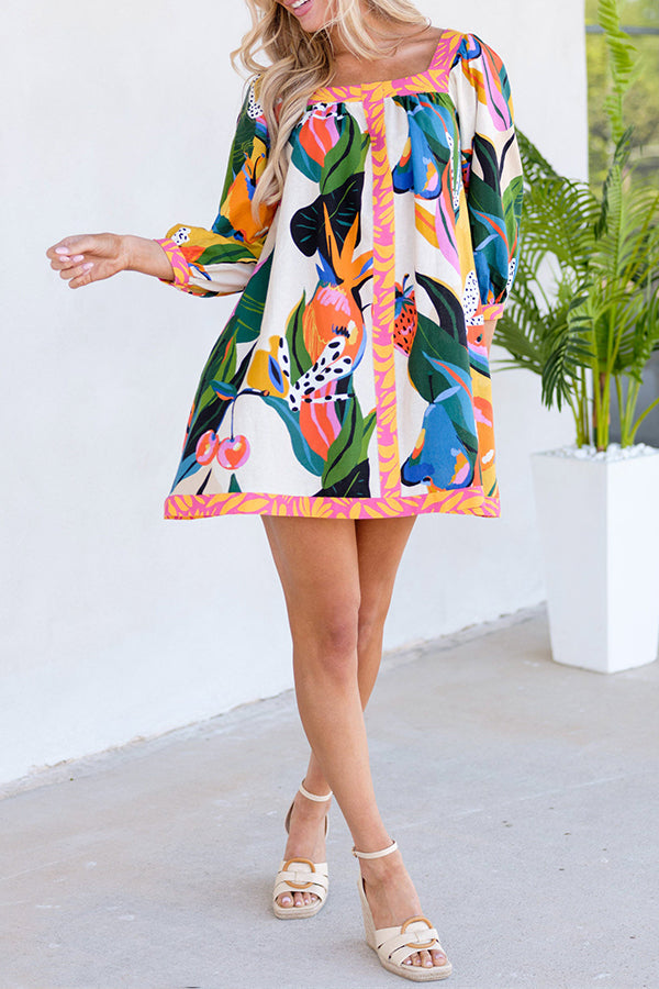 Shining Beauty Linen Blend Tropical Abstract Print Pocketed Mini Dress