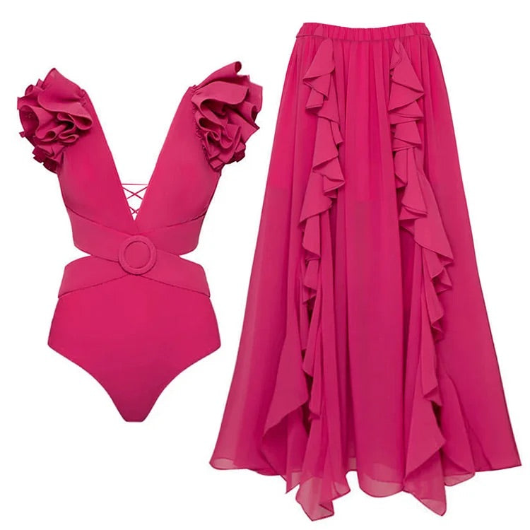 Maillot de bain une pièce et jupe découpés Vioye Deep V Rose Red