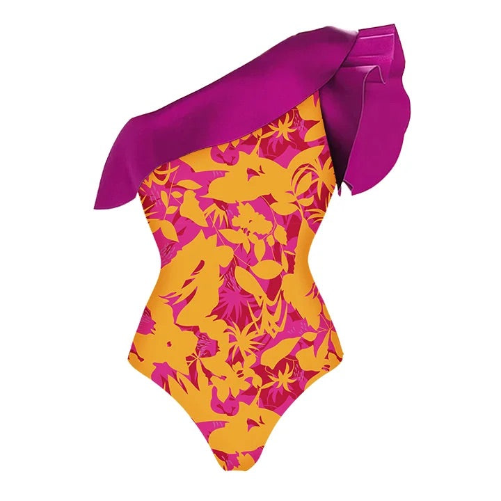Einteiliger Badeanzug mit One-Shoulder-Rüschenmuster und Sarong