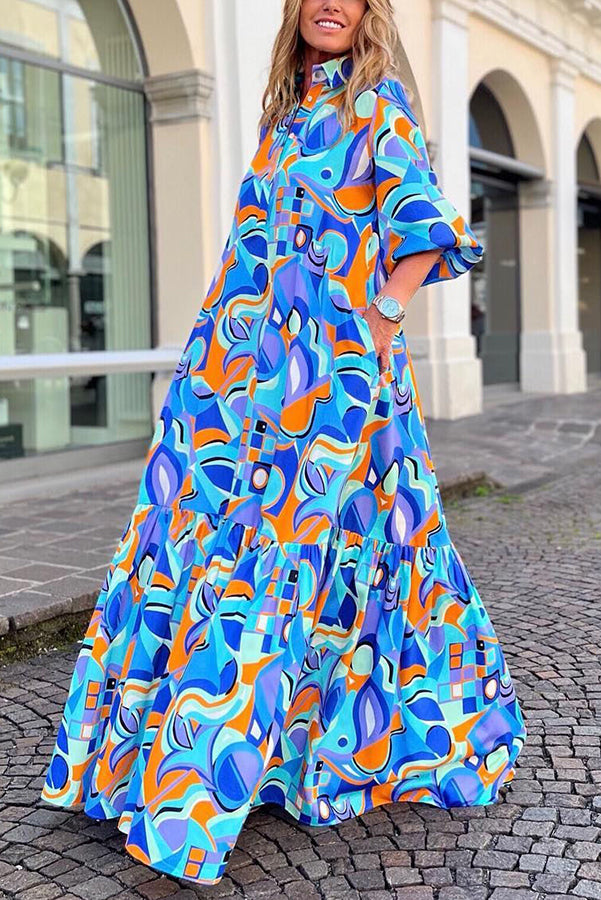 Looking My Best Printed Pocketed A-line Shirt Maxi Dress