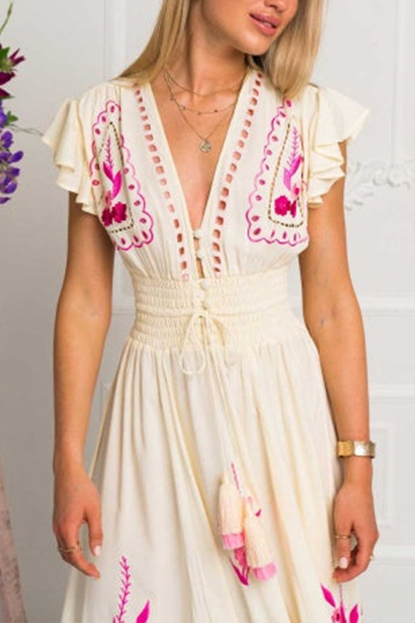 MAGNOLIA sleeveless v-neck embroidered maxi dress