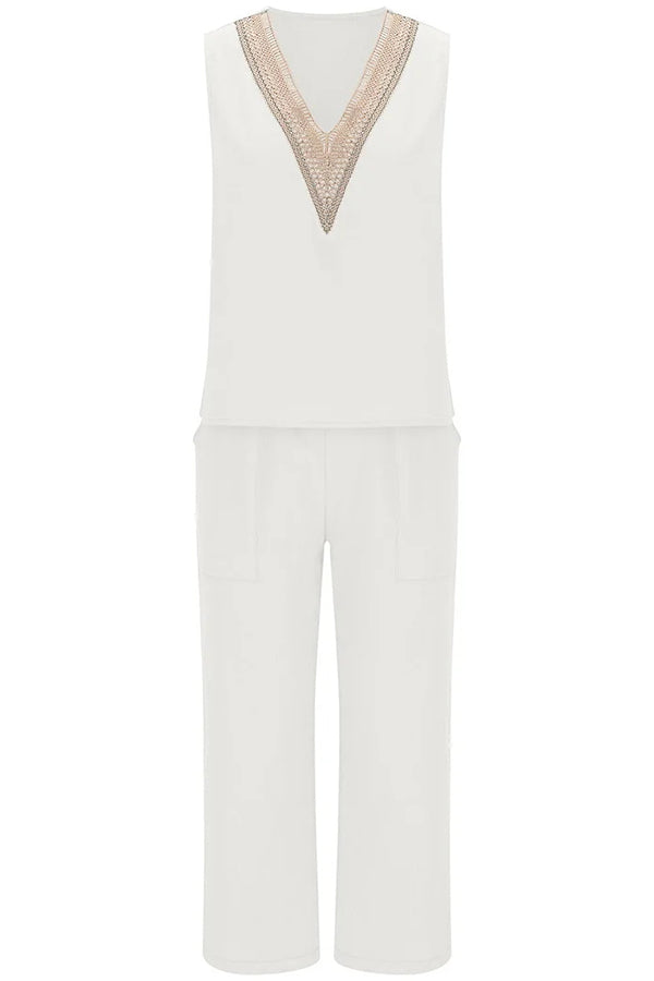 Mchoice Women's Summer Outfits Fashion V-neck Solid Color Sleeveless Tops and Loose Pocket Pants Suit