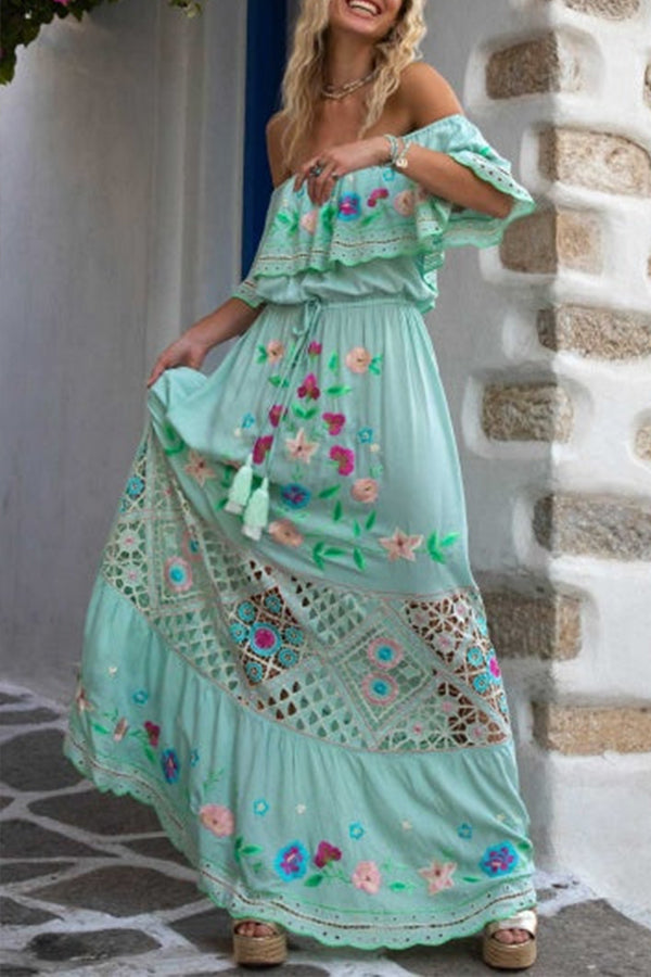 GODLIKE one-shoulder floral embroidered drawstring fringed belted maxi dress