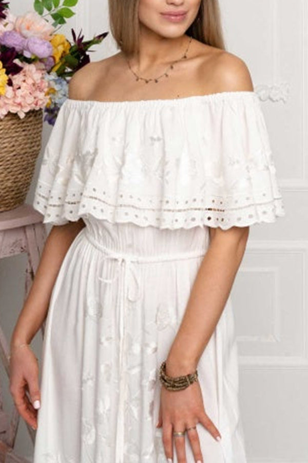 GODLIKE one-shoulder floral embroidered drawstring fringed belted maxi dress