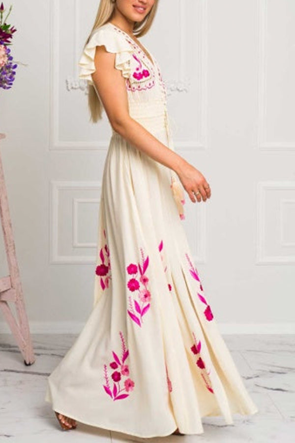 MAGNOLIA sleeveless v-neck embroidered maxi dress