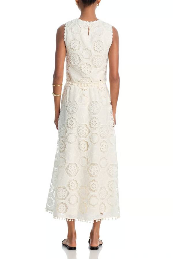 Nice Try Embroidered Crochet Lace Tassle Trim Elastic Waist Midi Skirt