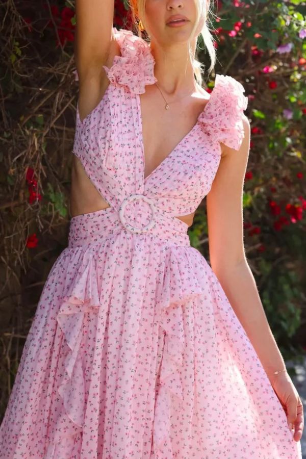 Wedding Dreams Chiffon Printed Flutter Sleeve Cutout Back Lace-up Maxi Dress