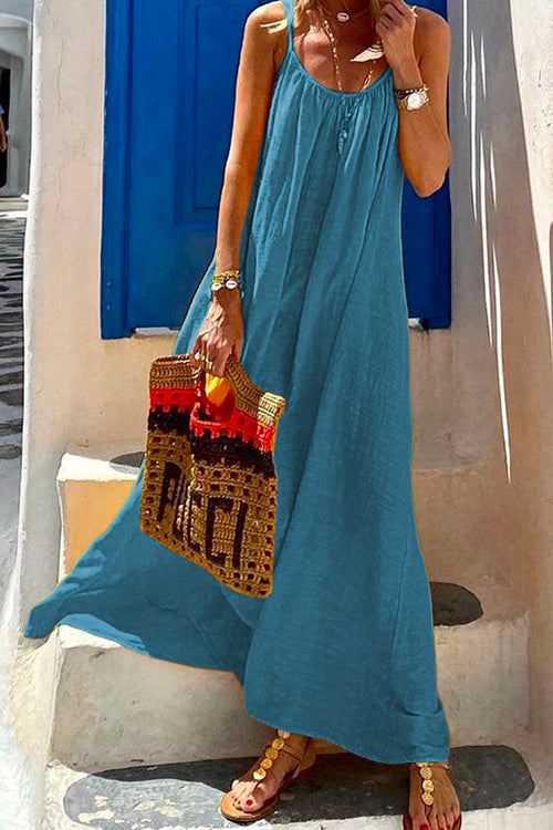 Robe longue de plage en coton et lin à col rond