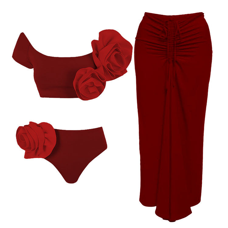 Bikini-Badeanzug und Rock mit 3D-Blumendekor