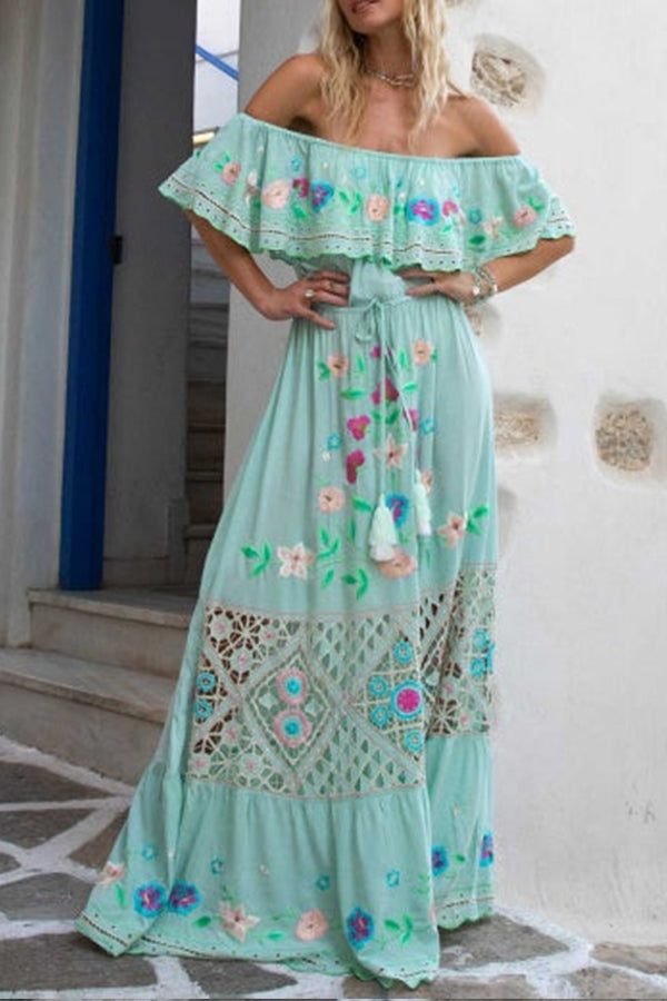GODLIKE one-shoulder floral embroidered drawstring fringed belted maxi dress