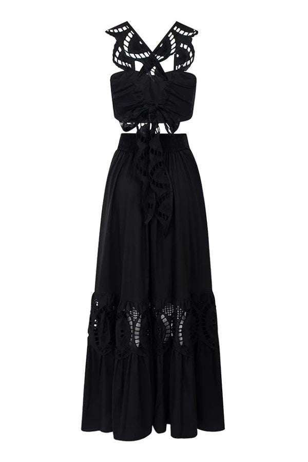 Summer City Hollow Lace Crop Tank and Elastic Waist Pocketed A-line Maxi Skirt Set