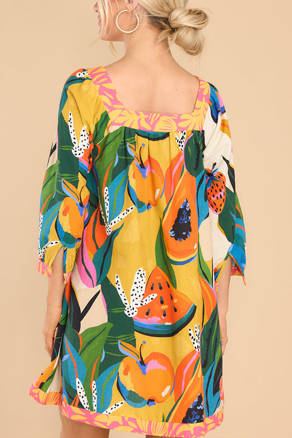 Shining Beauty Linen Blend Tropical Abstract Print Pocketed Mini Dress