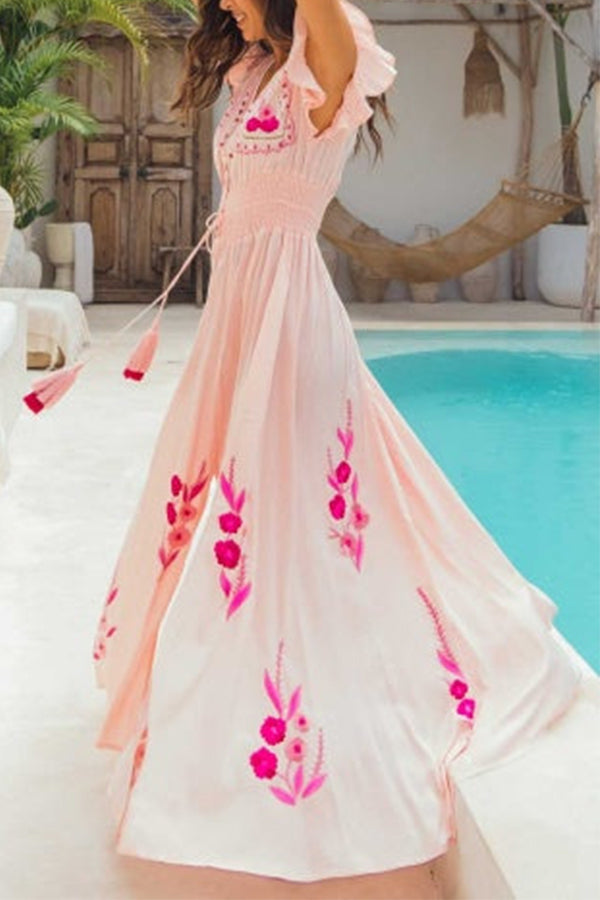MAGNOLIA sleeveless v-neck embroidered maxi dress