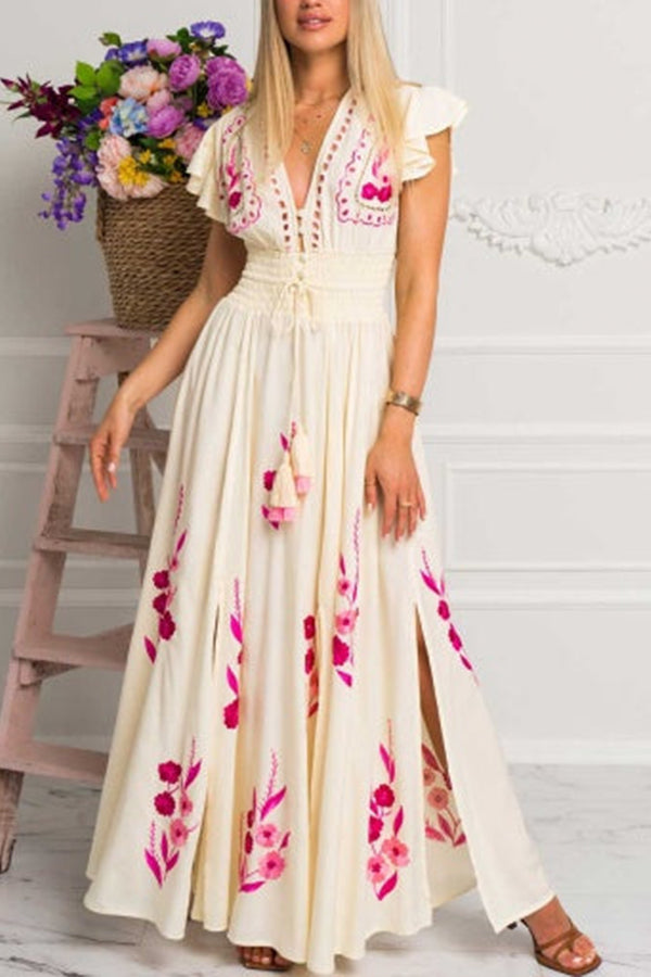 MAGNOLIA sleeveless v-neck embroidered maxi dress