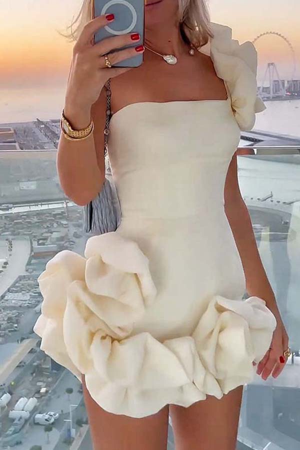 OFF-SHOULDER MINI RUFFLED FLOWER BUD MINI DRESS