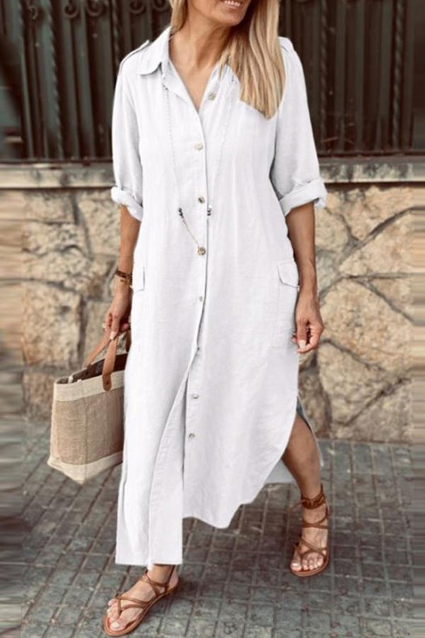 Robe chemise décontractée à manches longues et revers de couleur unie