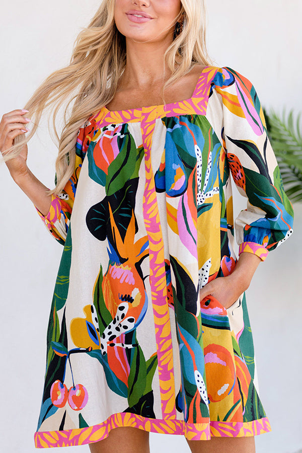 Shining Beauty Linen Blend Tropical Abstract Print Pocketed Mini Dress
