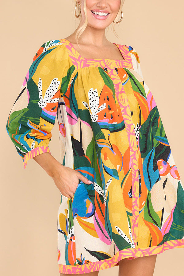 Shining Beauty Linen Blend Tropical Abstract Print Pocketed Mini Dress
