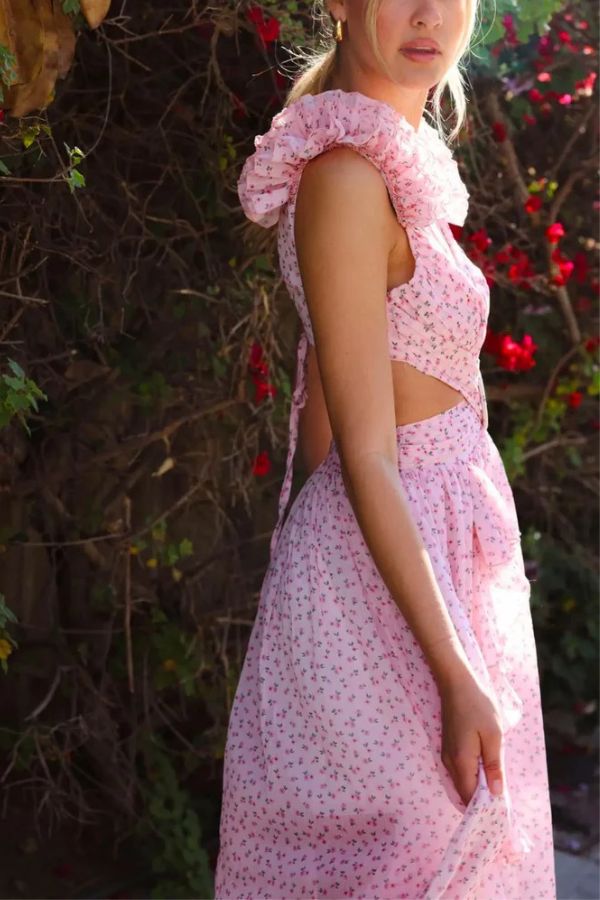 Wedding Dreams Chiffon Printed Flutter Sleeve Cutout Back Lace-up Maxi Dress