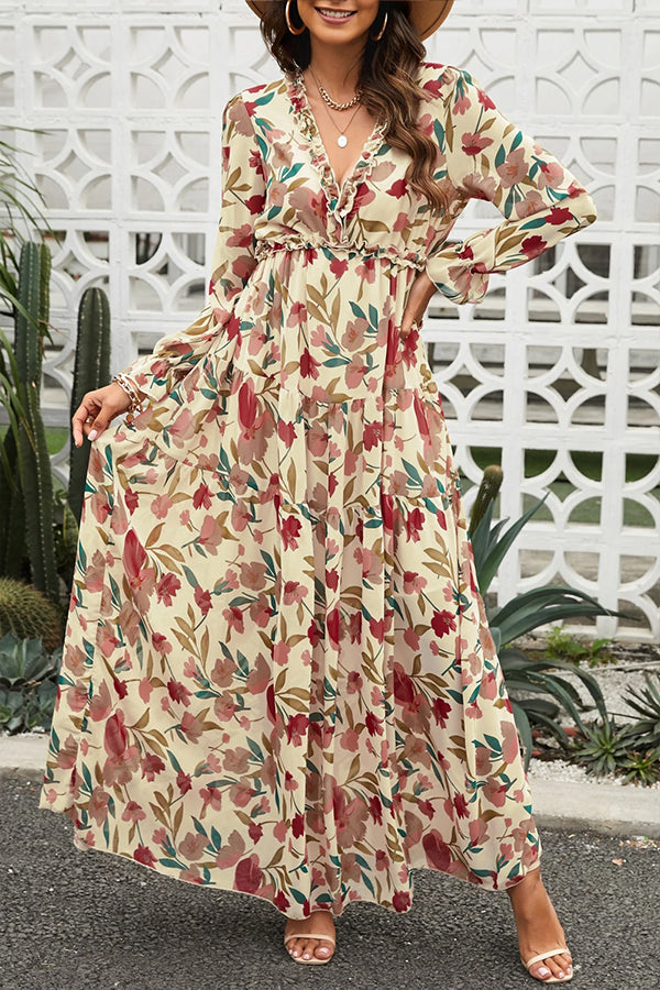 Apricot Floral Print Ruffle Trim Plunge Neckline Maxi Dress