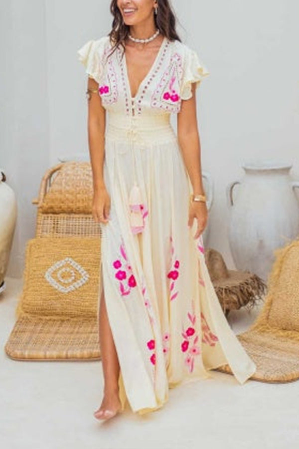 MAGNOLIA sleeveless v-neck embroidered maxi dress