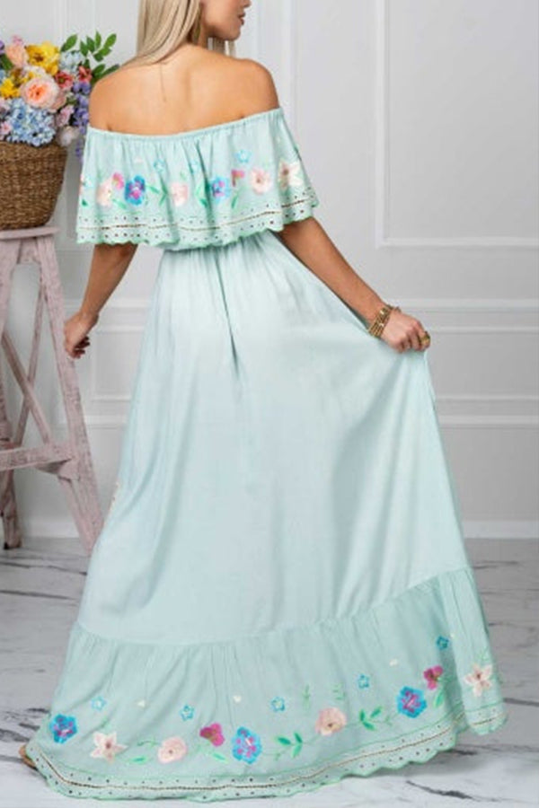 GODLIKE one-shoulder floral embroidered drawstring fringed belted maxi dress
