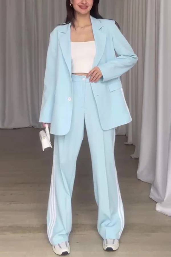 Frischer und lässiger Blazer mit gestreiftem Revers und weitem Hosenset mit hoher Taille und Taschen