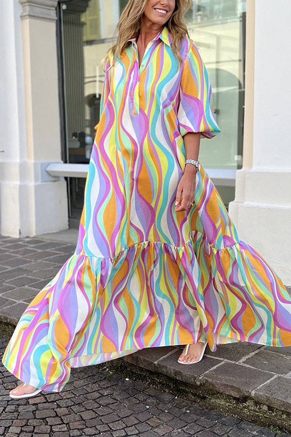 Looking My Best Printed Pocketed A-line Shirt Maxi Dress