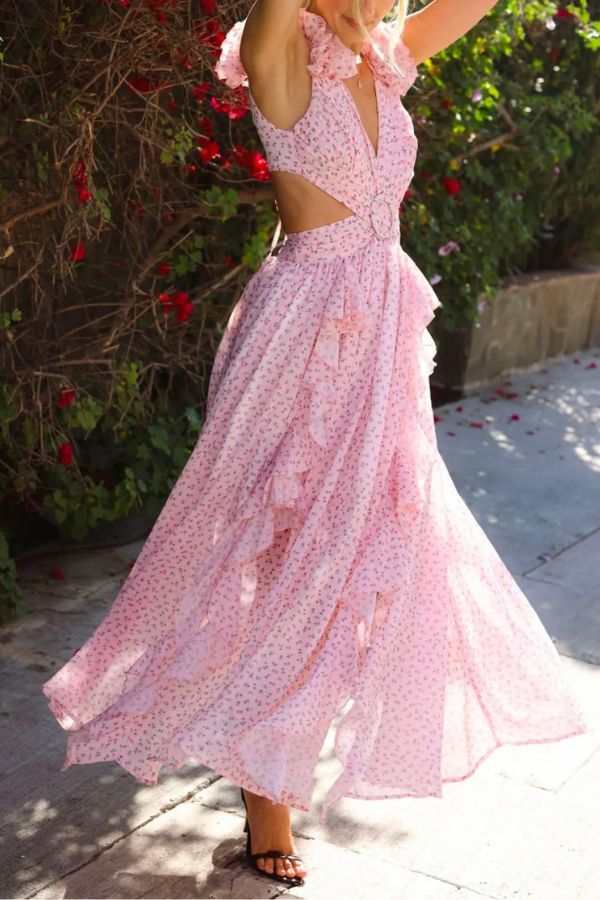 Wedding Dreams Chiffon Printed Flutter Sleeve Cutout Back Lace-up Maxi Dress