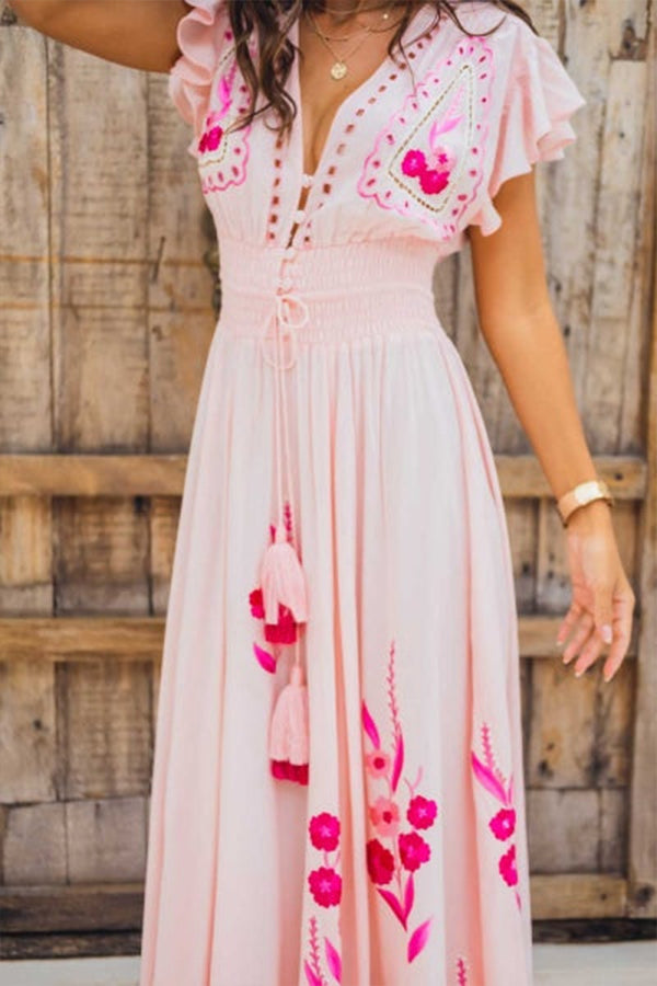MAGNOLIA sleeveless v-neck embroidered maxi dress