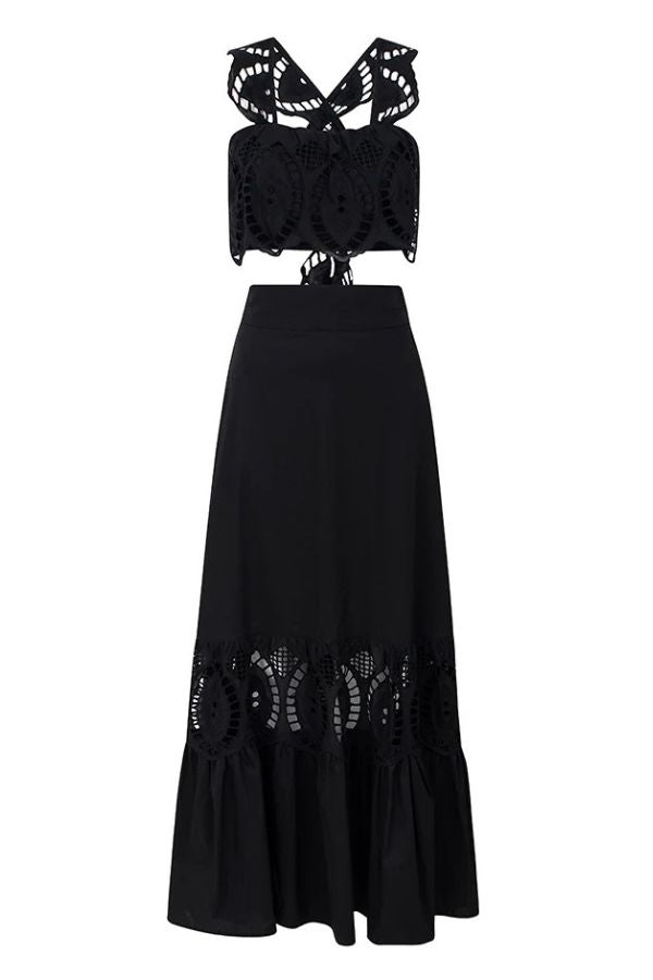 Summer City Hollow Lace Crop Tank and Elastic Waist Pocketed A-line Maxi Skirt Set