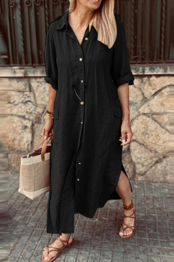 Robe chemise décontractée à manches longues et revers de couleur unie