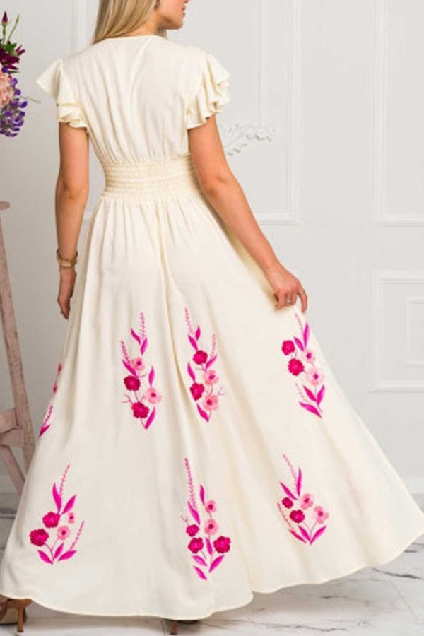 MAGNOLIA sleeveless v-neck embroidered maxi dress