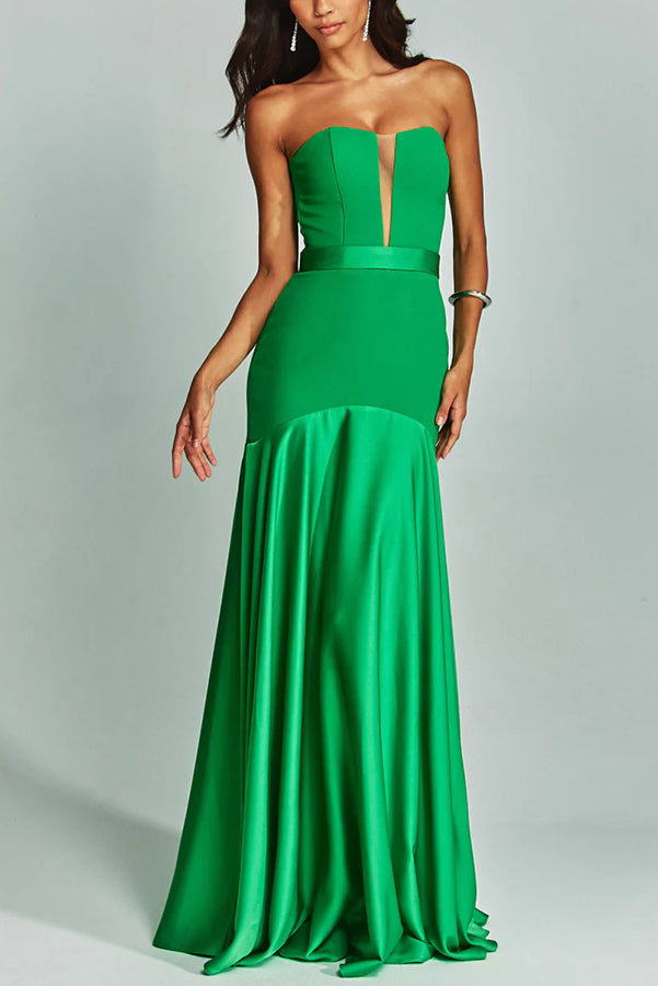 Robe longue de soirée style sirène à épaules dénudées et col en V transparent avec ourlet en satin