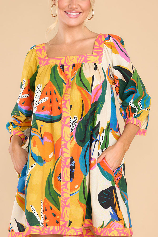 Shining Beauty Linen Blend Tropical Abstract Print Pocketed Mini Dress