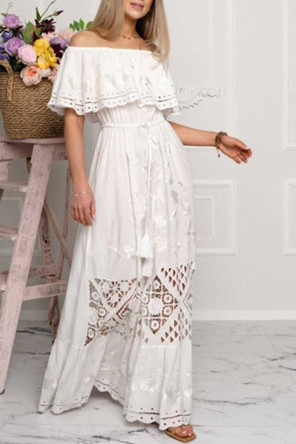 GODLIKE one-shoulder floral embroidered drawstring fringed belted maxi dress