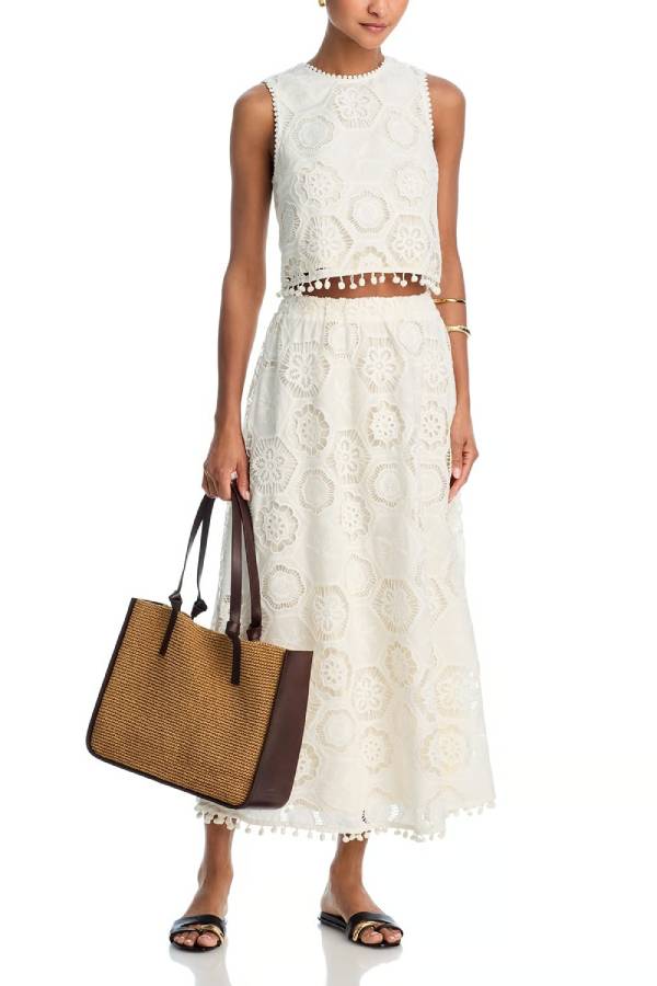 Nice Try Embroidered Crochet Lace Tassle Trim Elastic Waist Midi Skirt