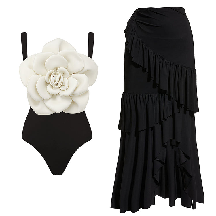 Maillot de bain une pièce et jupe noir et blanc à fleurs 3D