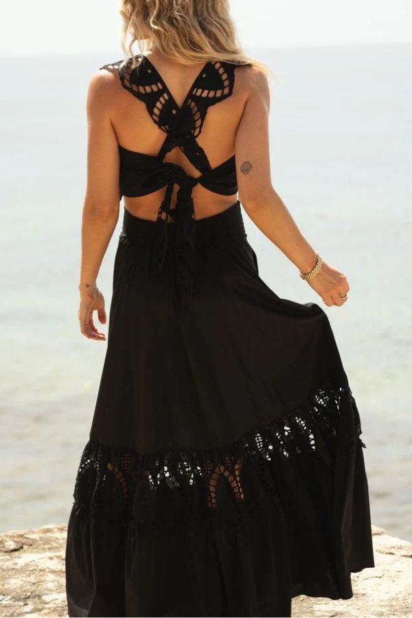 Summer City Hollow Lace Crop Tank and Elastic Waist Pocketed A-line Maxi Skirt Set