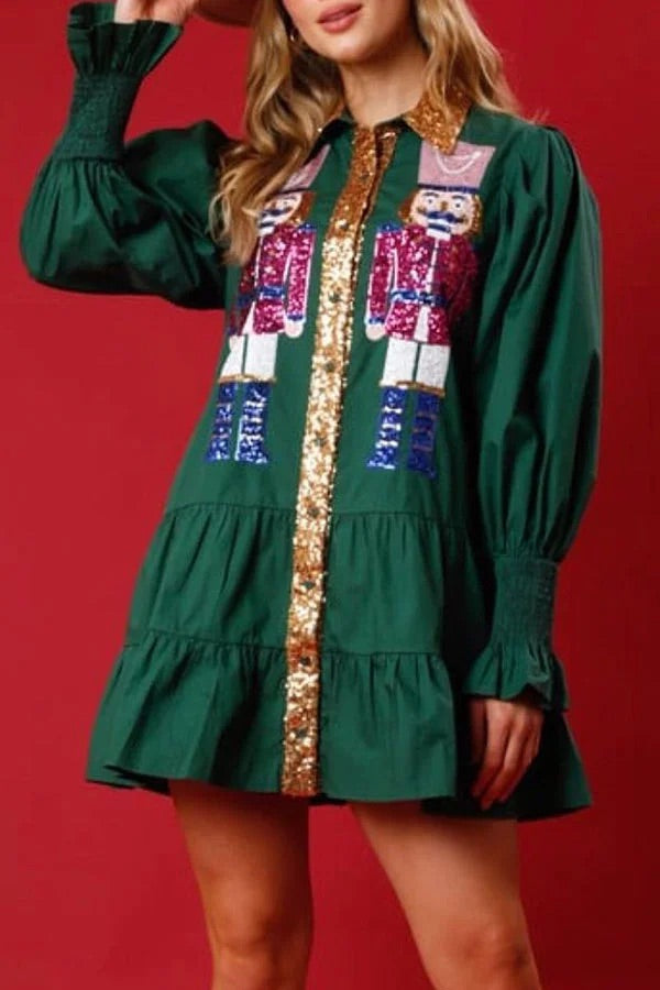 Mini-robe boutonnée à manches longues et sequins Casse-Noisette