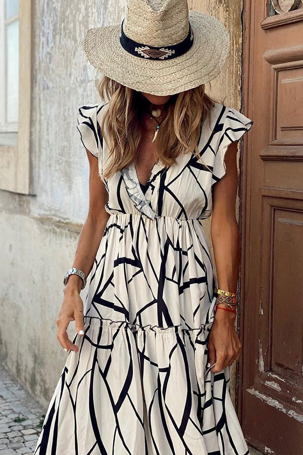 Anna geometric V-neck ruffled long skirt