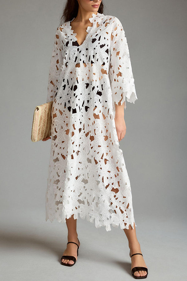 Robe de plage mi-longue à imprimé floral et dentelle à œillets « I Belong Here »