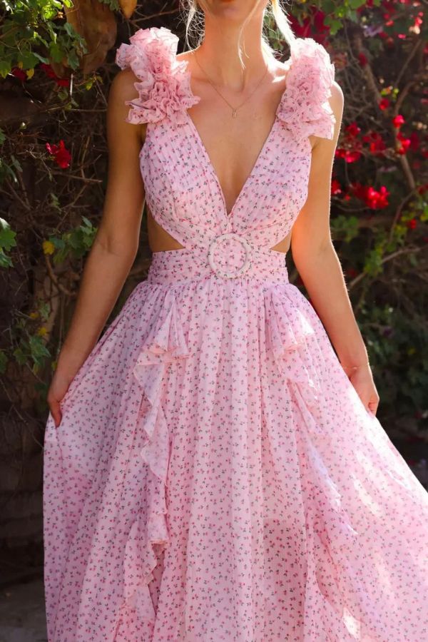 Wedding Dreams Chiffon Printed Flutter Sleeve Cutout Back Lace-up Maxi Dress