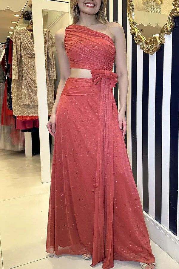 Forever Stunning Glitter Fabric Cutout Bow Waist Ruched Evening Maxi Dress