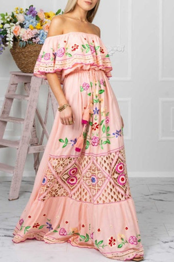 GODLIKE one-shoulder floral embroidered drawstring fringed belted maxi dress